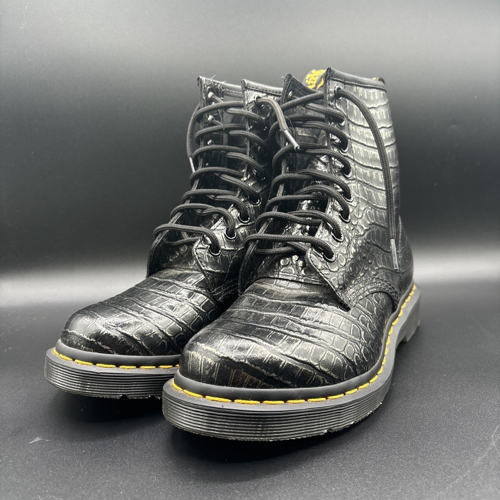 Dr. Martens 1460 Gunmetal Wild Croc Crocodile Embossed Combat Boots Women Size 7